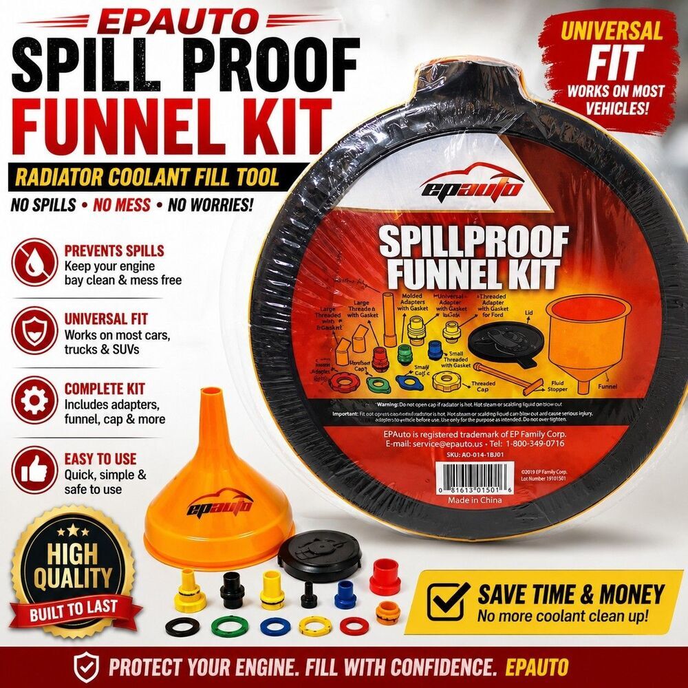 EPAuto Spill Proof Radiator Coolant Funnel Kit Universal Cooling System Fill Too